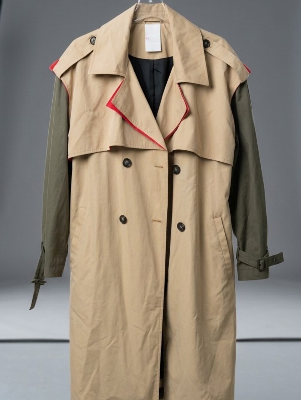 Men's Two-Tone Trench Coat - Beige with Olive Sleeves